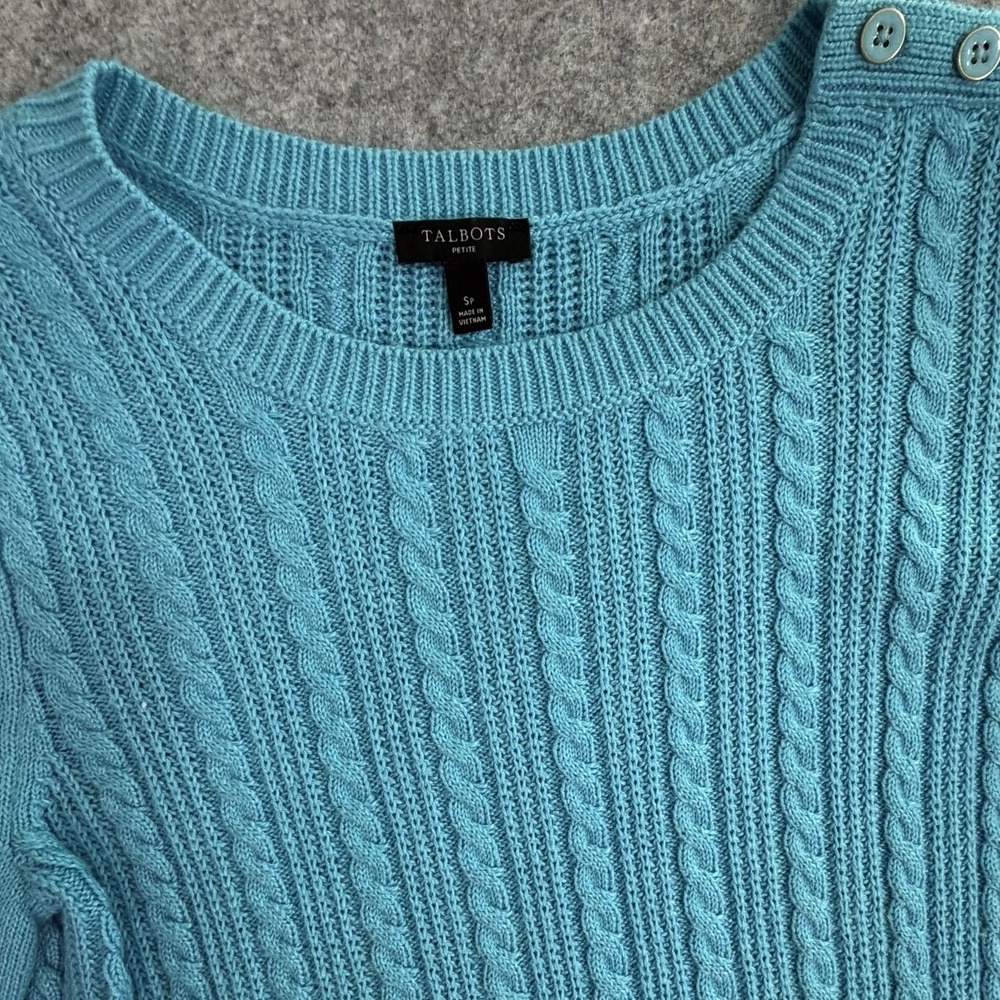 Petite Blue Cable Knit Button Shoulder Sweater Size SP Classy Cable Knit Preppy‎